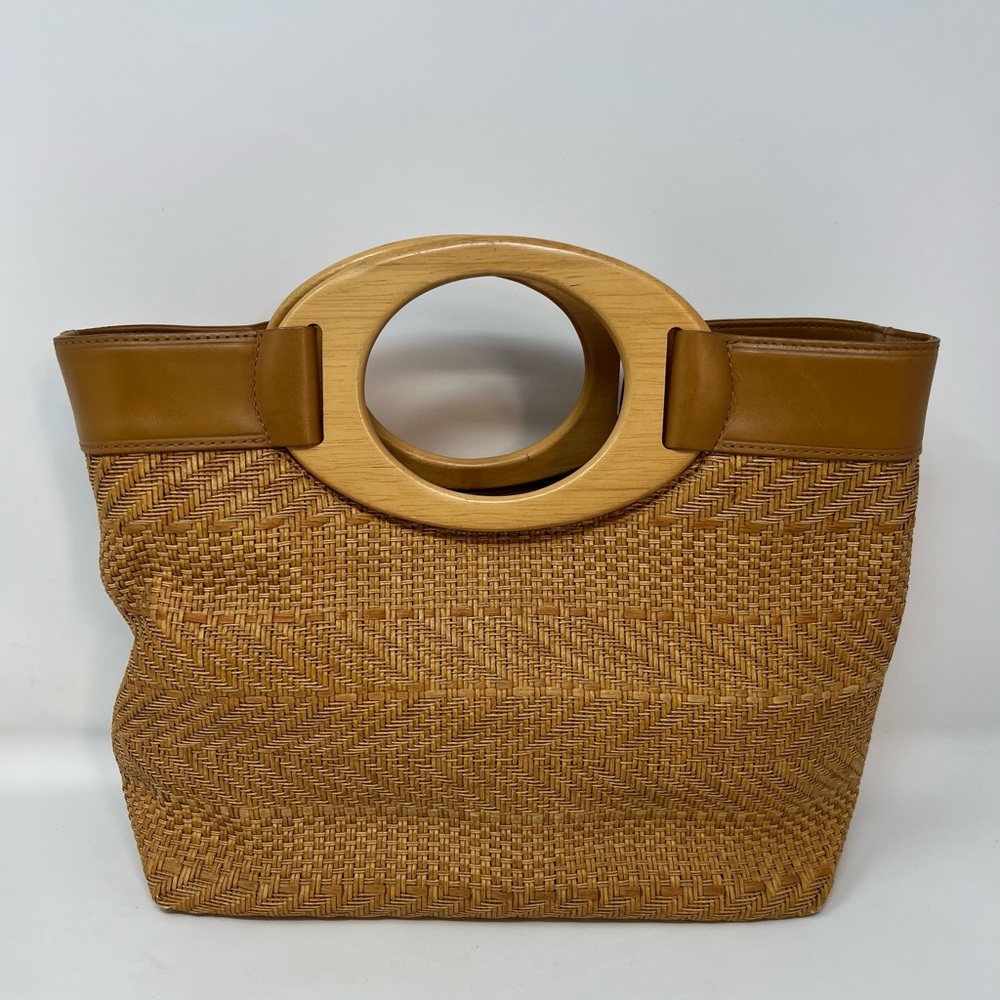 Fossil Tan Woven Tote with Wooden Oval Handle